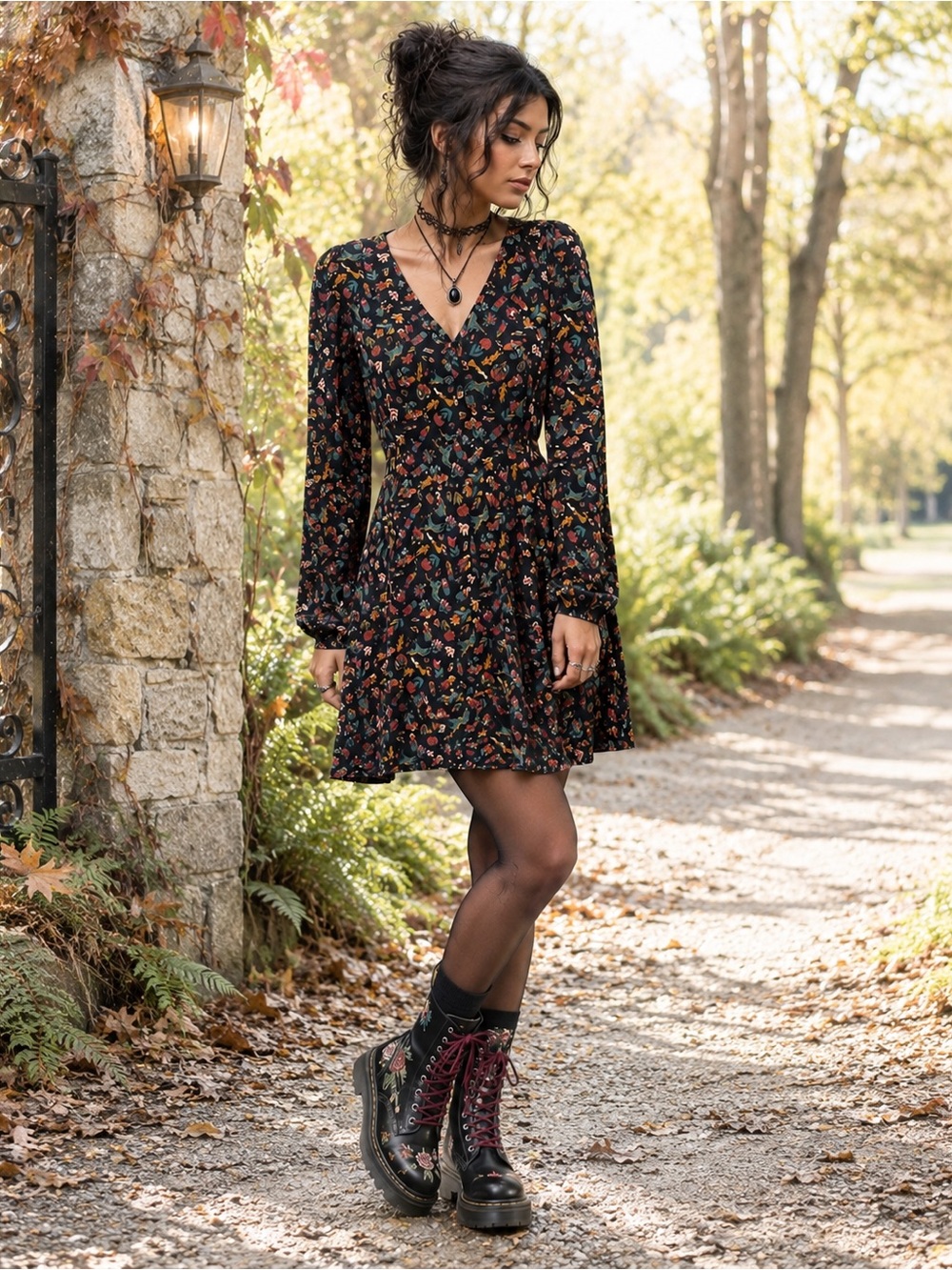 Putumayo Whimsigoth Dark Cottagecore Botanical Folk Print Button Front Boho Dres